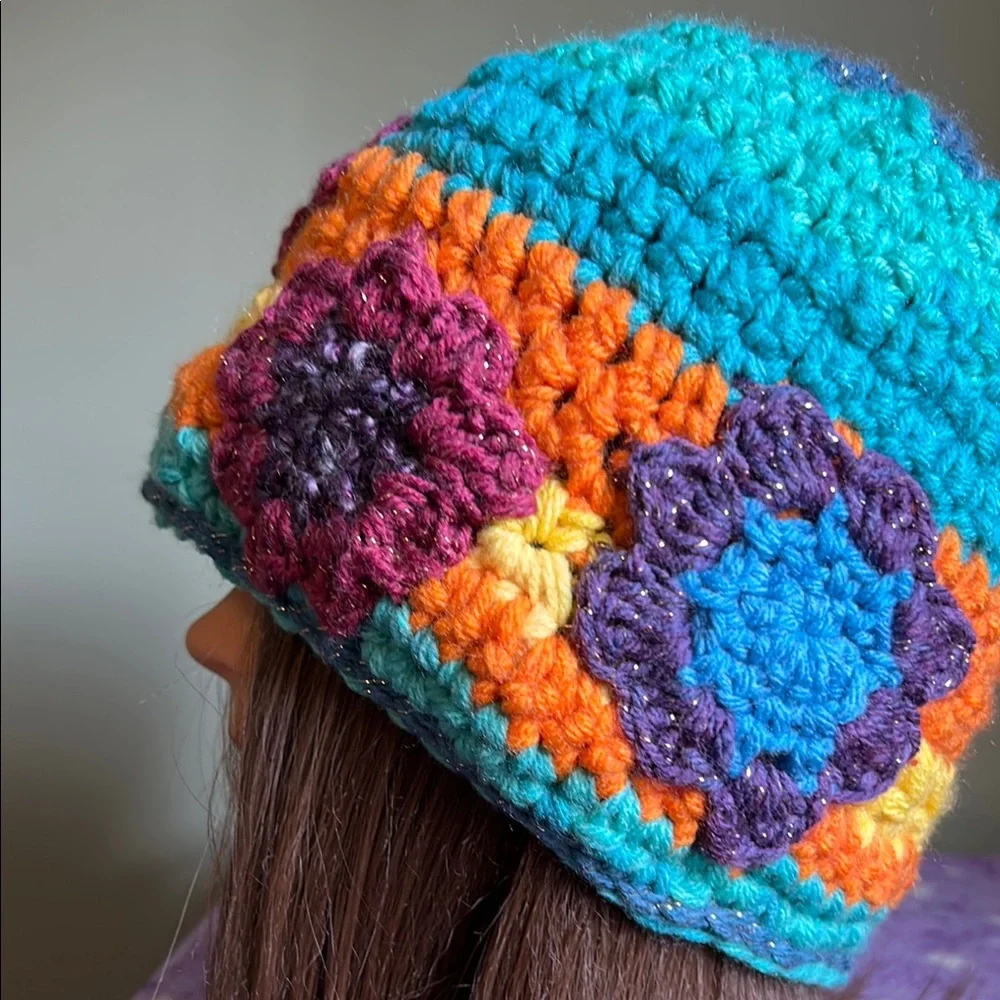 Colorful Crochet Beanie Hat medium acrylic yarn with sparkles new - Picture 2 of 7